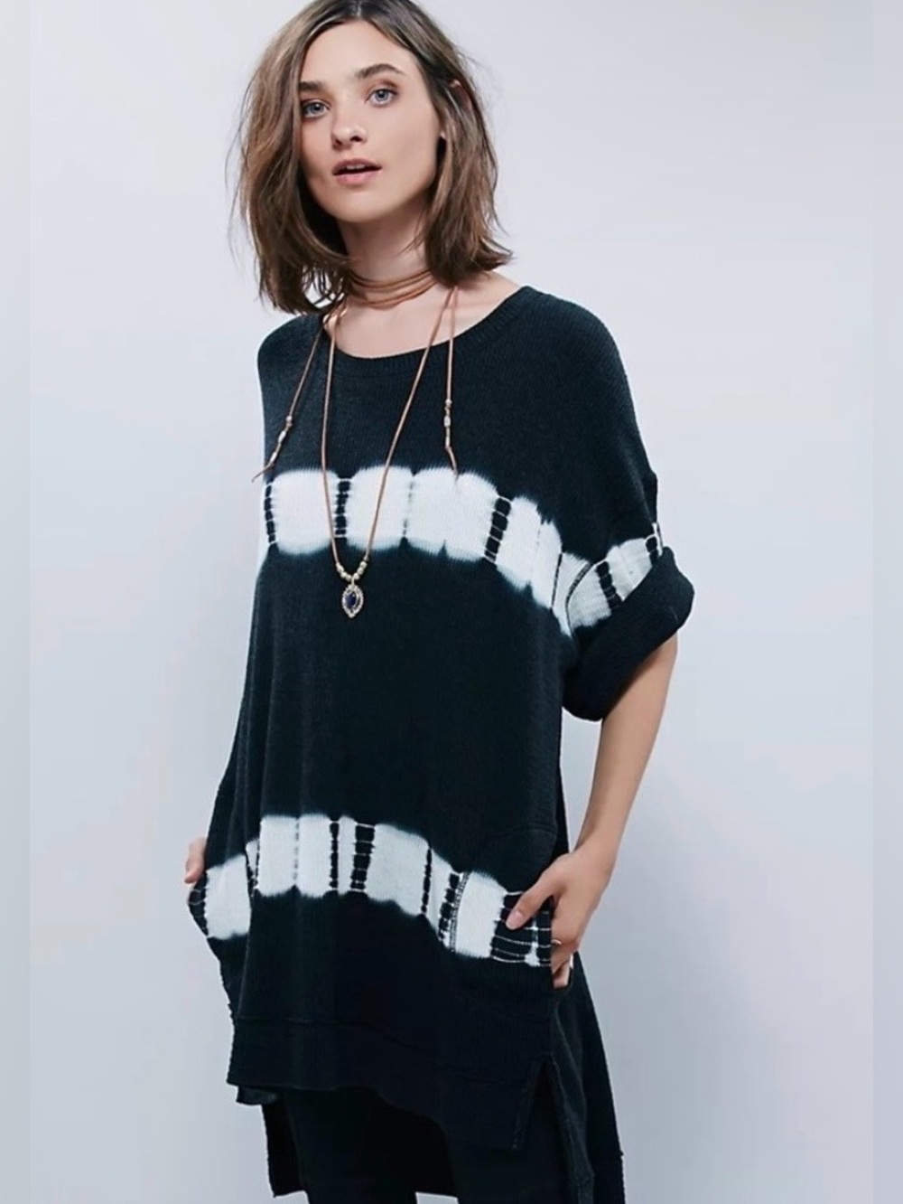Free People We The Free Oversized Black White Tie-Dye Thermal Tunic Top Size S
